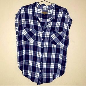 Sleeveless Plaid Button Down Shirt Women Size XL